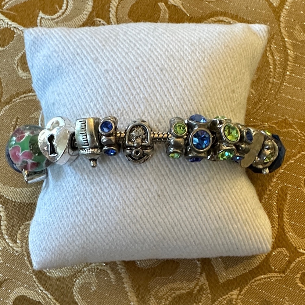 Elegant Silver Pandora Style Charm Bracelet w/ Blue, Green & Baby type Accents - Picture 1 of 5
